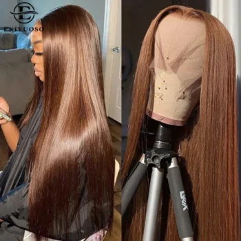 Long Straight 13X4 Lace Front Synthetic Hair Wig with Baby Hair Chocolate Brown Colored Silky Straight Lace Front Wigs For Women
