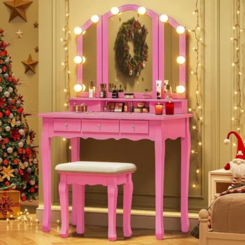 Vanity Desk with Tri-Fold Mirror and Lights, Makeup Vanity with Wood Upholstered Stool, Makeup Desk with 5 Drawers & 8 Jewelry H