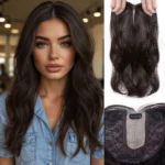 16-inch wavy hair extensions, made of synthetic fiber, clip-on design, with bangs, can increase hair volume