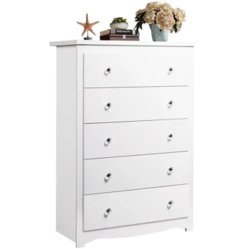 White Dresser for Bedroom, 45 Tall 5 Drawers Wooden Chest of Drawers, Storage Cabinet and Organizer Drawers for Living Room, Hal