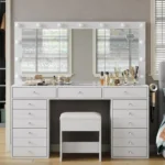 55-inch White Glass Top Makeup Vanity Desk with Mirror, Lights, and Charging Station
