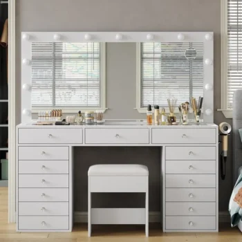 55-inch White Glass Top Makeup Vanity Desk with Mirror, Lights, and Charging Station