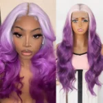 Ice Pink Ombre Purple Two Tone Color Hair Long Body Wave Synthetic Lace Front Wigs Pre Plucked Hairline Glueless Women Party Use