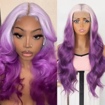 Ice Pink Ombre Purple Two Tone Color Hair Long Body Wave Synthetic Lace Front Wigs Pre Plucked Hairline Glueless Women Party Use
