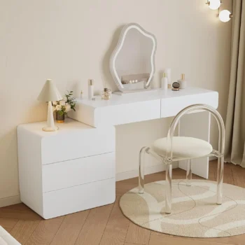 Modern Makeup Vanity Set with extendable Cabinet, 5 Drawers Dresser Table & Lighted Mirror & Acrylic Chiar, Luxury, Customized