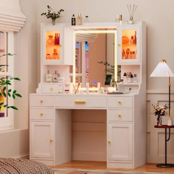 White Makeup Vanity Desk with Mirror and Lights, Large Vanity Table Set with Charging Station, Dressing Table with, Customized