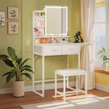 White Makeup Vanity Desk with Mirror, Lights, Fabric Storage, Chair, and Shelves