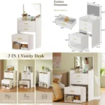 White 3-in-1 Vanity Desk with Lift-Up Mirror, Compact Storage, Fabric Drawers, and Cushioned Chair for Girls' Bedroom