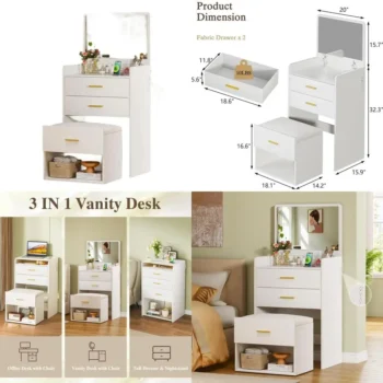 White 3-in-1 Vanity Desk with Lift-Up Mirror, Compact Storage, Fabric Drawers, and Cushioned Chair for Girls' Bedroom