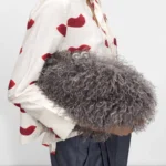 Women kisslock Faux Fur Clutch bag winter warm dark grey pouch frame clasp bag with chain crossbody