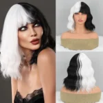 Short Wavy Shoulder Length Women Full Bang Heat Resistant synthetic Wig (Black and White)