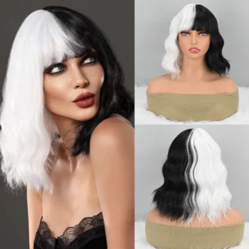 Short Wavy Shoulder Length Women Full Bang Heat Resistant synthetic Wig (Black and White)