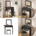 Makeup Vanity Desk with Mirror and Lights, Black Table and Chair Set, Adjustable, Small Vanity for Girls' Bedroom
