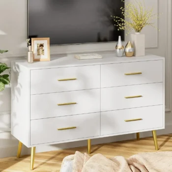 Hot salesModern Chest of Organizer Storage Drawers White Dresser for Bedroom, 6 Drawer Wood Double Dresser with Gold Handles