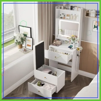 LED Mirror Vanity Desk with Charging Station, Makeup Table Set with Storage Drawer and Stool for Girls