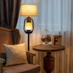 Rustic Farmhouse Floor Lamp with Night Light, Beige Linen Shade, Bronze Finish for Living Room Bedroom Decor