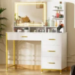 Vanity Desk with Mirror and Lights, Makeup Table with 4 Drawers, Adjustable LED Lighting, Modern Design for Bedroom