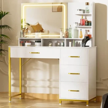 Vanity Desk with Mirror and Lights, Makeup Table with 4 Drawers, Adjustable LED Lighting, Modern Design for Bedroom