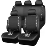 Black Leather Bling Diamond Car Seat Covers Full Set Shining Rhinestone Waterproof Durable Rear with Zipper Universal Fit Autom
