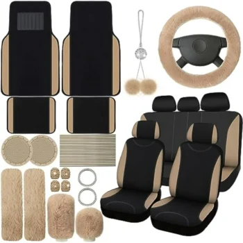 47 Car Seat Cover Full Set for Women Including Front Rear Seat Fluffy Steering Wheel Cover Belt Automotive Floor Mats Air Condi