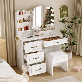 Large Size Women's White Vanity Desk with Mirror And Lights - 3 Adjustable Lighting Colors Makeup Dresser Customizable