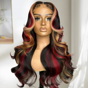 Red Black With Blonde Highlight 13X6 Lace Front Wig Body Wave Synthetic Glueless pre plucked With Baby Hair Lace Frontal Hair